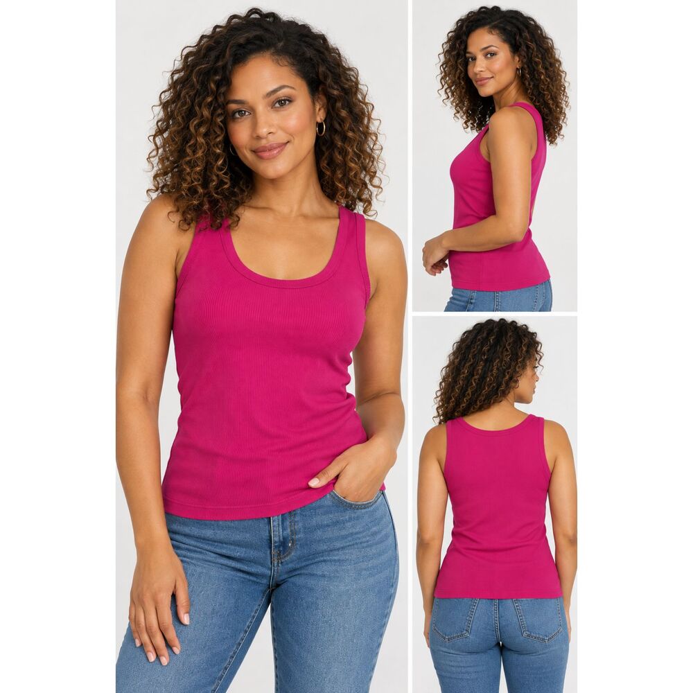 Nine West Soft Spun Women's L Pink Ribbed Tank Top Rayon Stretch Scoop Neck #23